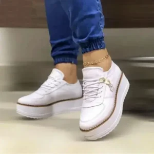 Sarastatic Women Fashion Round Toe Solid Color Pu Hidden Wedge Lace-Up Low Top Sneakers Shoes