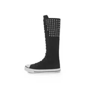 Sarastatic Women Fashion Rivet Decor Side Zipper Canvas High Boots