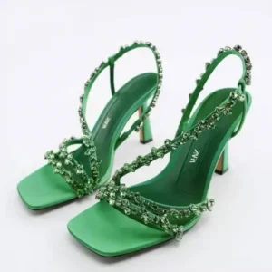 Sarastatic Women Fashion Plus Size Sexy Rhinestone Strap Square Toe Heeled Sandals