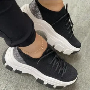 Sarastatic Wedge Heel Flying Woven Colorblock Lace-Up Sneakers Large Size Casual Low Top Women Shoes