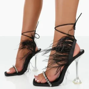 Sarastatic Women Fashion Sexy Rhinestone Feather Decorative Solid Color High Heel Sandals Shoes