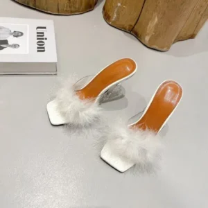 Sarastatic Women Fashion Sexy Feather Decoration Solid Color Chunky High Heel Slippers Shoes