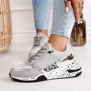 Sarastatic Women Fashion Casual Leopard Print Color Matching Lace-Up Platform Sneakers