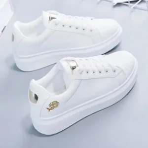 Sarastatic Women Casual Fashion Rose Embroidery Thick-Soled Comfortable PU Leather White Sneakers