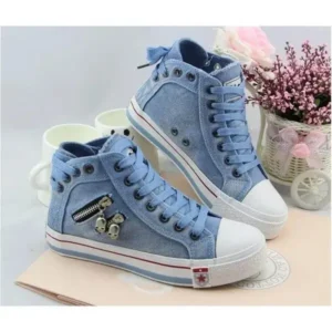 Sarastatic Women Casual Spring Zipper Decor Lace-Up High Top Denim Canvas Sneakers