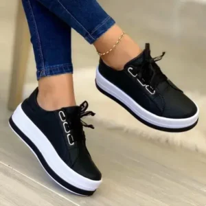 Sarastatic Women Casual Round Toe Lace-Up Block Color Platform Shoes PU Sneakers