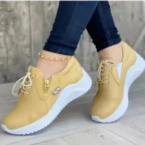 Sarastatic Women Casual Round Toe Low Cut Lace-Up PU Side Zipper Design Solid Color Sneakers