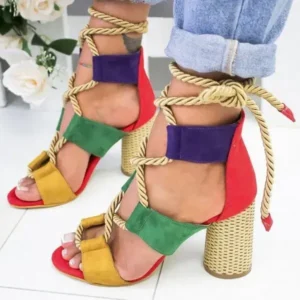 Sarastatic Women Fashion Sexy Cross Hollow Lace Up Design Color Blocking High Heel Sandals Shoes