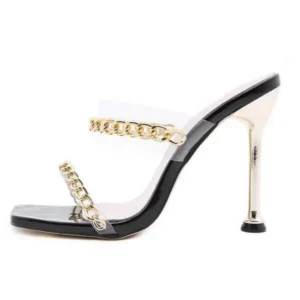 Sarastatic Women Sexy Plus Size Metal Chain Square-Toe High Heel Sandals