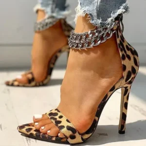 Sarastatic Women Sexy Metal Chain Buckle Ankle Strap Animal Printed High Heels