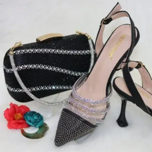 Sarastatic Women Classic Black Pointed Shoes Transparent Pvc Rhinestone Chain Square Hand Bag Set