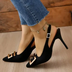 Sarastatic Summer Women Fashion Casual Plus Size Solid Color Pointed Toe Metal Buckle Sling Back High Heel Sandals