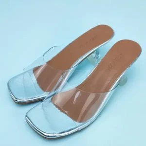 Sarastatic Women Fashion Casual Square Toe Transparent Design Mid Heel Slippers