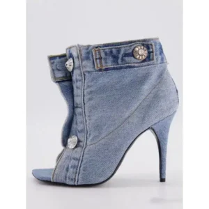 Sarastatic Women Fashion High Heel Denim Button High Top Boots