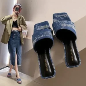 Sarastatic Women Fashion Casual PU Denim Square Toe Chunky Heel Slippers