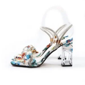 Sarastatic Women Fashion Sexy PU Rhinestone Floral Printed Square Toe Chunky Heel ?Sandals