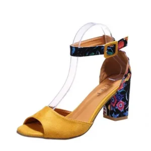 Sarastatic Women Fashion Sexy PU Floral Printed Peep Toe Chunky Heel Ankle Strap Buckle Sandals