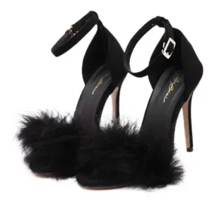 Sarastatic Women Fashion Sexy PU Solid Color Feather Peep Toe Stiletto Heel Ankle Strap Buckle Sandals