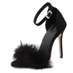 Sarastatic Women Fashion Sexy Solid Color Feather Peep Toe Stiletto Heel Ankle Strap Buckle Sandals