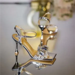 Sarastatic Women Fashion Sexy PU Rhinestone Square Toe Ankle Strap Buckle Stiletto Heel Sandals