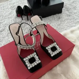 Sarastatic Women Fashion Elegant PU Square Toe Rhinestone Stiletto Heel Ankle Strap Buckle Sandals