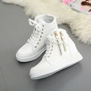 Sarastatic Women Fashion Solid Color Side Zipper Lace-Up Round Head Thick-Soled Sneakers