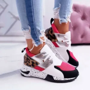 Sarastatic Women Casual Leopard Printed Patchwork Lace Up Sneakers