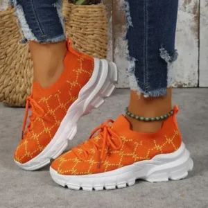 Sarastatic Women Fashion Plus Size Casual Flying Woven Lace-Up Round Toe Sneakers