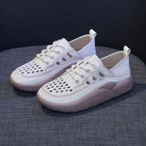 Sarastatic Women Fashion Casual Solid Color PU Lace-Up Hollow Breathable Sneakers