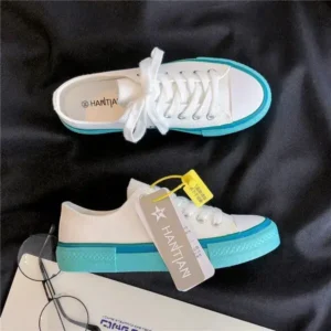 Sarastatic Women Fashion Cream Blue Canvas Lace-Up Sneakers