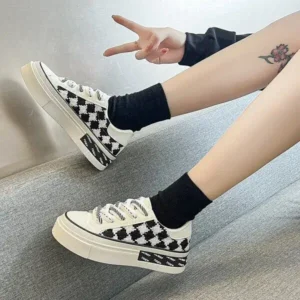 Sarastatic Women Fashion Platform Checkerboard Canvas Sneakers