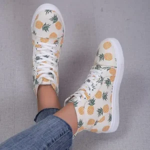 Sarastatic Women Fashion Round Toe Lace-Up Pineapple Strawberry Flat Sneakers