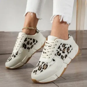 Sarastatic Women Fashion Round Toe Stitching Lace Up Low Top Leopard Sports Sneakers